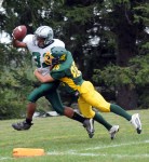 Eldred’s Dylan Kulik brings down Spackenkill’s Marcus Rawles at the goal line.