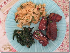Grilled Korean short ribs, Korean spinach salad and coconut rice seasoned with mint, Thai basil, and chives