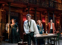 A scene in Handel's Rodelinda with Stephanie Blythe as Eduige, Joseph Kaiser as Grimoaldo, Renée Fleming as the title character, and Andreas Scholl as Bertarido.