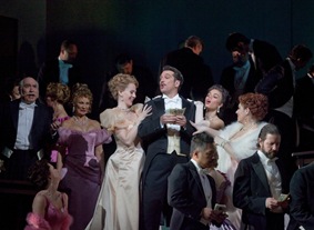 Anne-Carolyn Bird as Poussette, Paulo Szot as Lescaut, Ginger Costa-Jackson as Rosette, and Jennifer Black as Javotte in Massenet's "Manon." 
Photo: Ken Howard/Metropolitan Opera
Taken during the rehearsal on March 21, 2012 at the Metropolitan Opera, New York City.