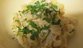 Mac and cheese made with campanelle with truffle pecorino romano cheese, grated romano and truffle oil_reduced